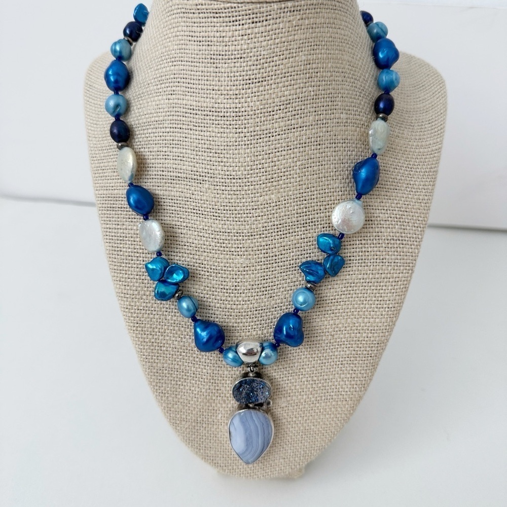 Genuine Sterling Silver, Blue Lace Agate, Geode & Pearls Necklace Beaded